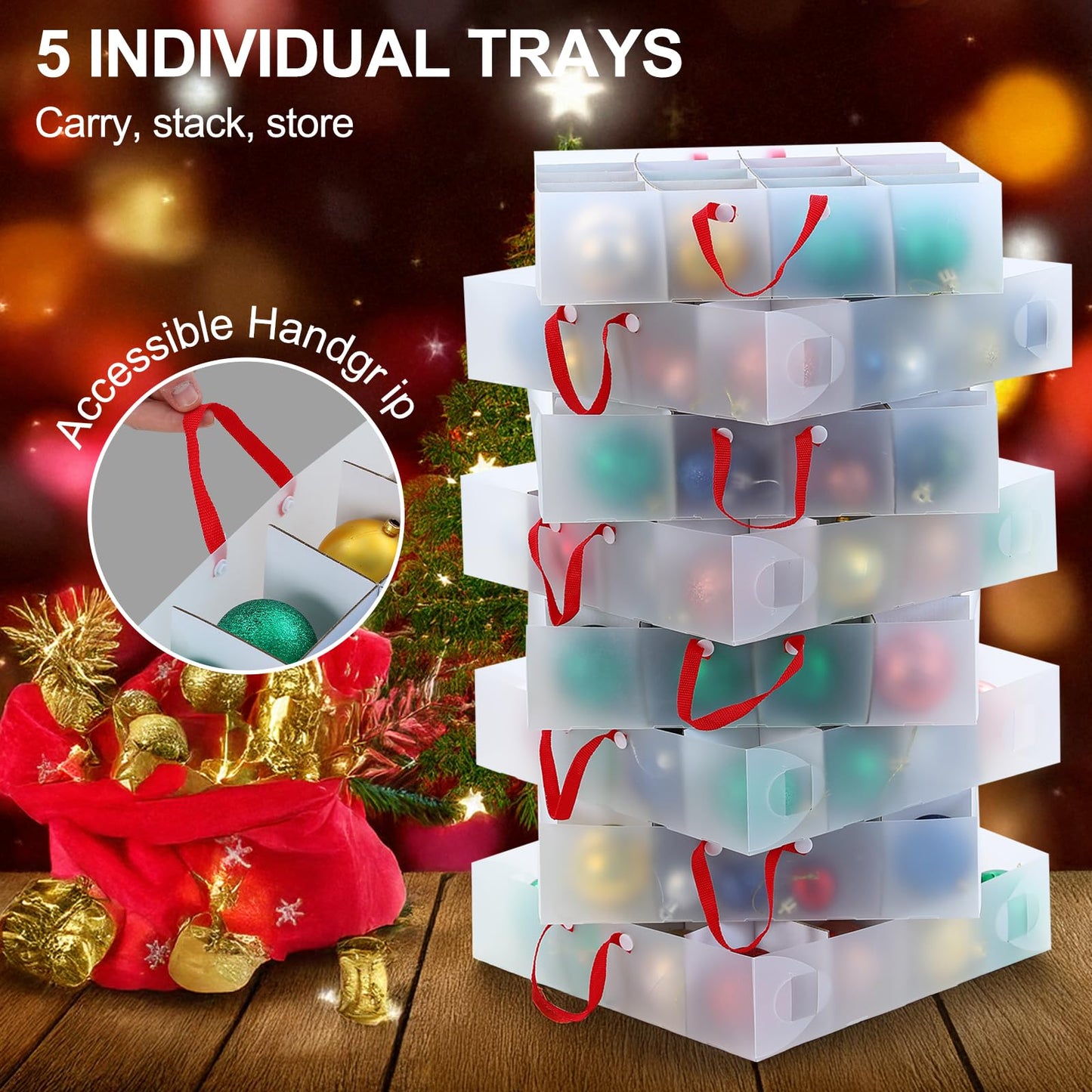 BIEBOS Portable Waterproof Christmas Decoration Ball Storage Box - Stores 128 Ornaments, 3-inch Balls, 8 Independent Layered Trays, Foldable for Easy Access