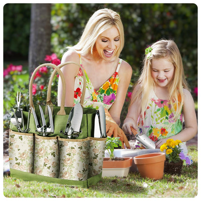 Grenebo Gardening Tools 9-Piece Heavy Duty Gardening Hand Tools with Fashion and Durable Garden Tools Organizer Handbag,Rust-Proof Garden Tool Set, Ideal Gardening Gifts for Women