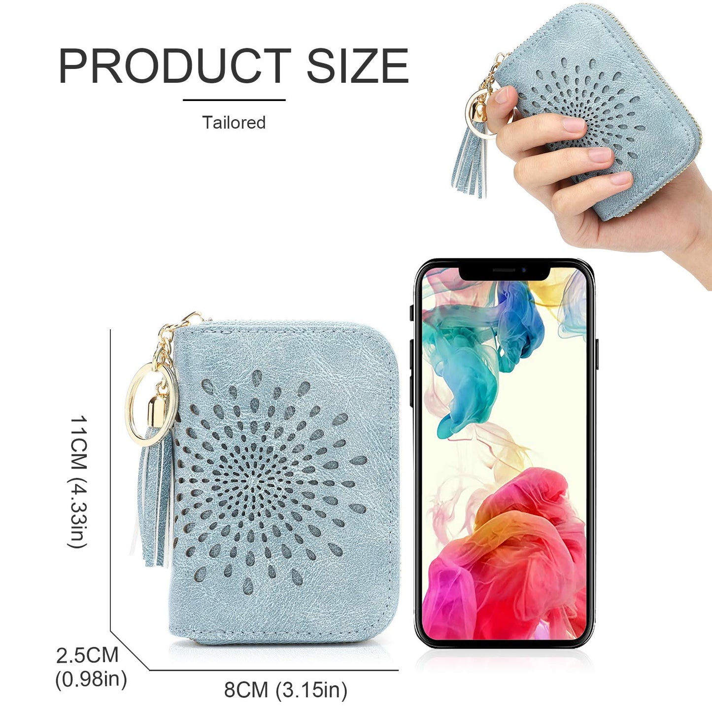APHISON RFID Credit Card Holder Zipper Card Case Keychain Small Wallet for Women 1927 BLUE