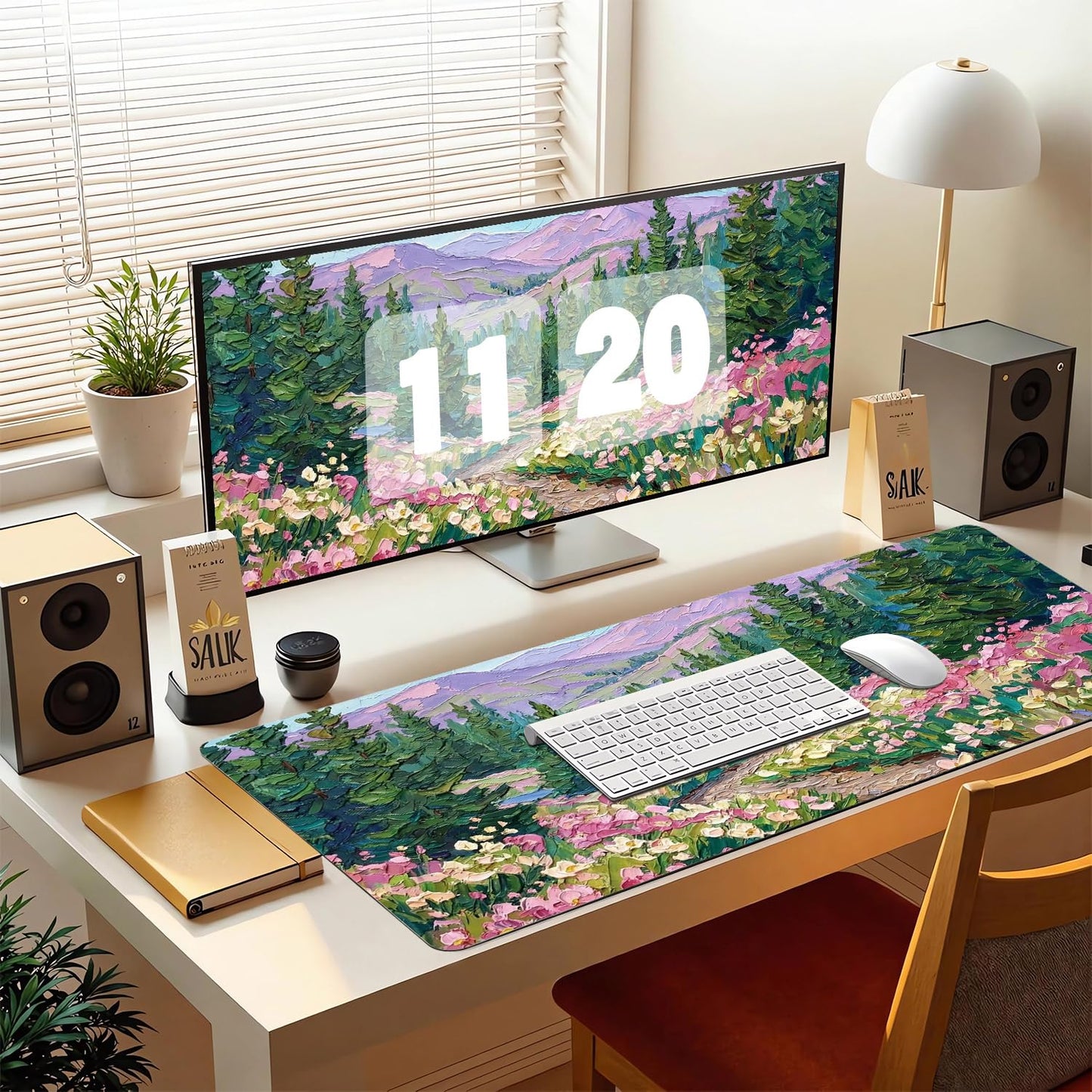 CozyNestCY Oil Painting of Flowers Office Desk Mat 27.6'‘ x 13.8’' Desktop Mat PU Leather Large Mouse Pad Green Mousepad Non-Slip Table Mat for Girls, Women, Home, Work, Computer, and Gaming