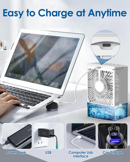 Mini Air Conditioner,Portable Air Conditioners,Evaporative Air Cooler Humidifier, 3 Speed Quiet Personal Cooling Fan, 7-Color LED Night Light, 4/8H Timer for Bedroom, Office, Camping, Car (White)