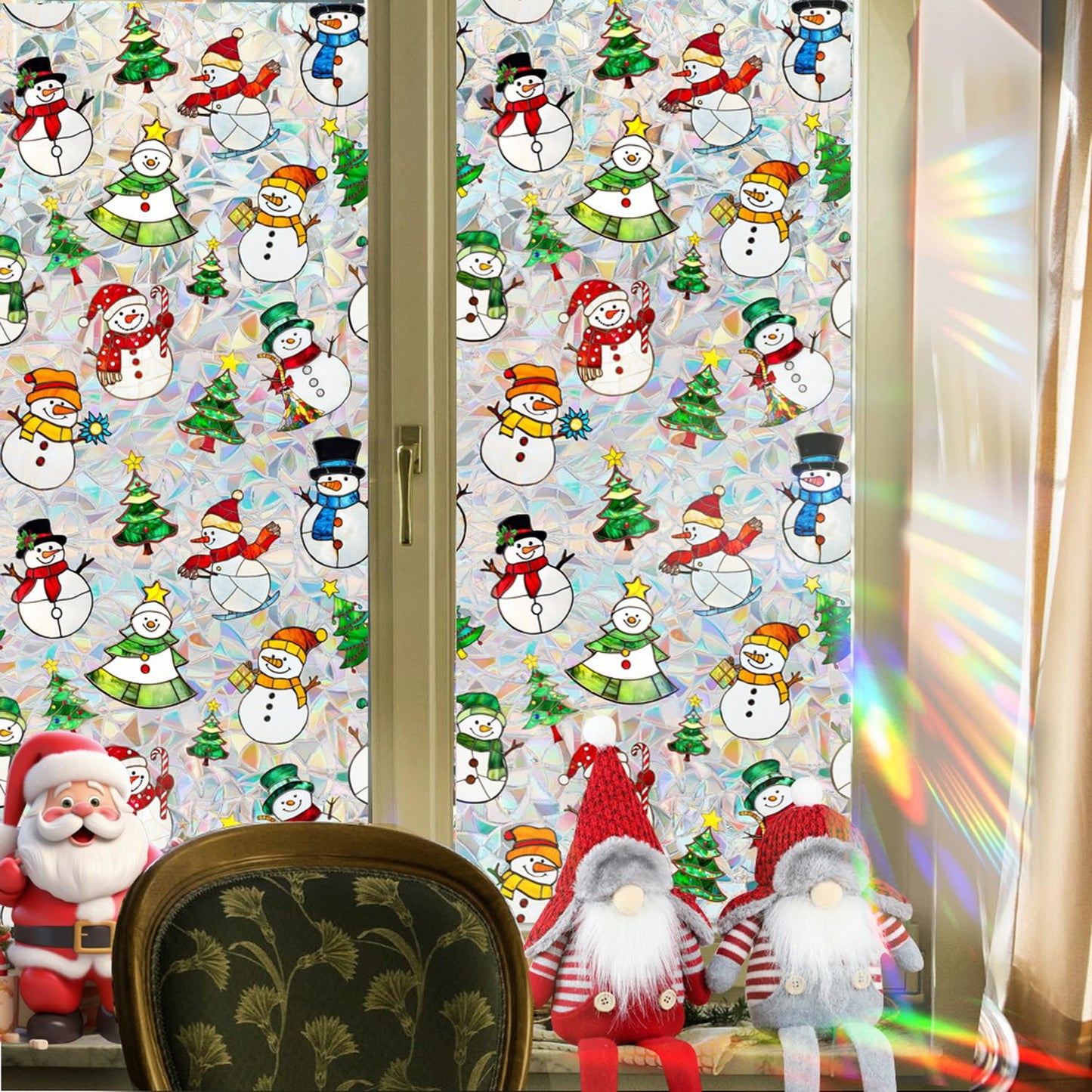 Christmas Window Privacy Film Xmas Stained Glass Decal Snowman Rainbow Windows Clings Decorative Xmas Tree Designs Window Clings Static Windows Film Stickers for Home Office Glass Decor