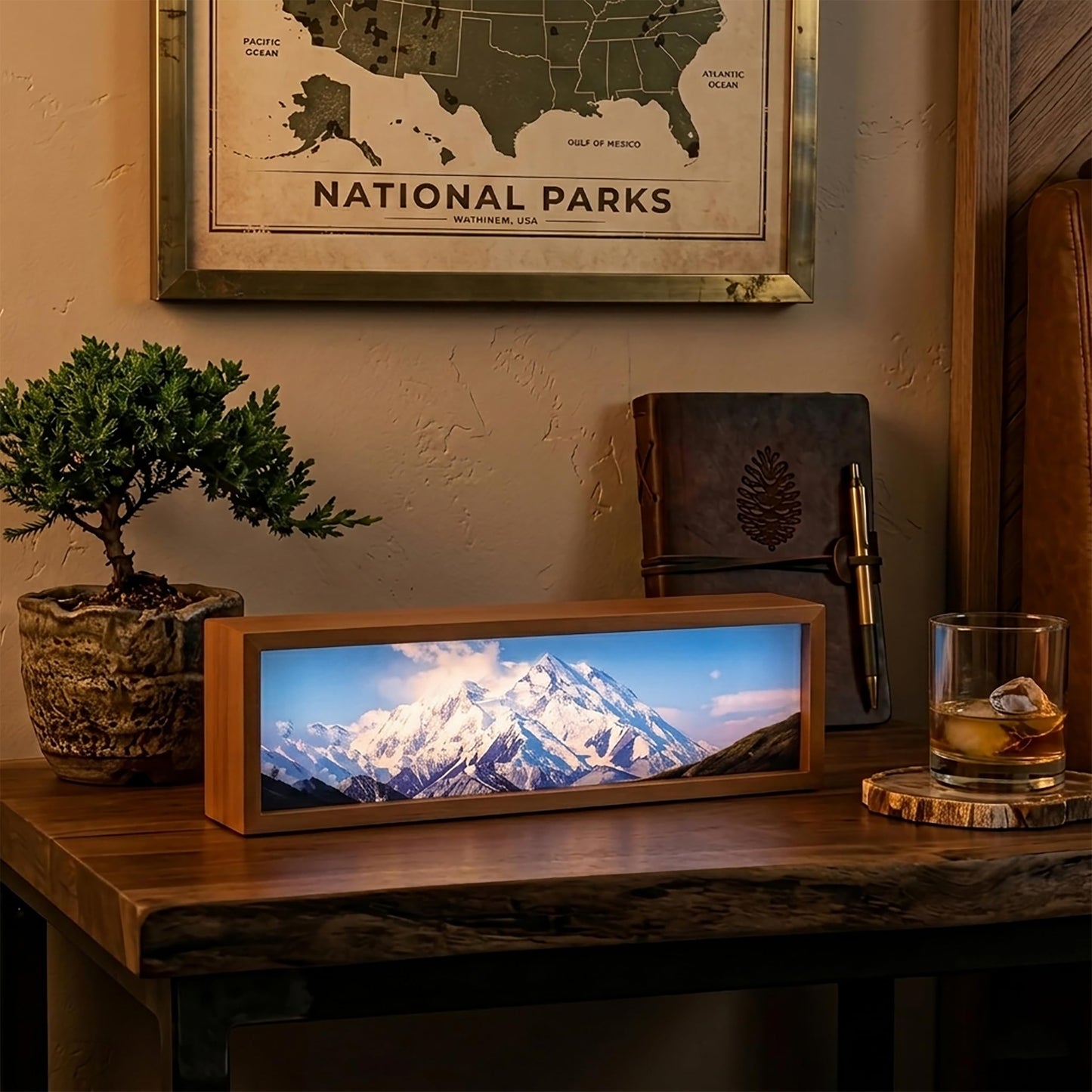Homsewit Snowy Mount Denali Led Light Box 3 Layers of Acrylic Light Box - Handmade Table Lamp for Room Decor - National Park Travel Signs Travel Gift