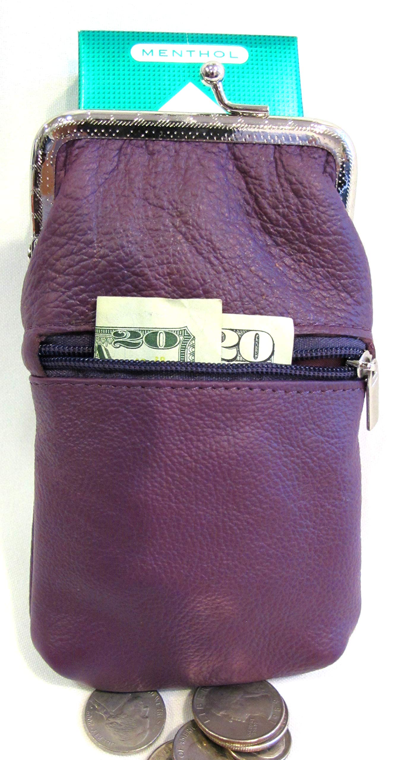 Women 100% Pure Leather Cigarette Case Lighter Match Pocket Zipper Coin Pouch -4 Color (Purple)