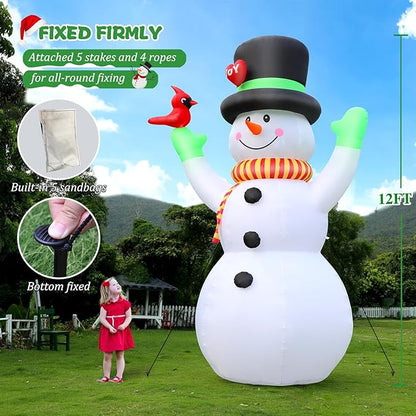FunFanso 12 FT Christmas Inflatable Snowman with Bird, Blow Up Outdoor Decorations Built-in Bright LED Light, Giant Blow Up Snow Man Wear Magic Hat Holiday Yard Garden Patio Mall Display Hall Decor