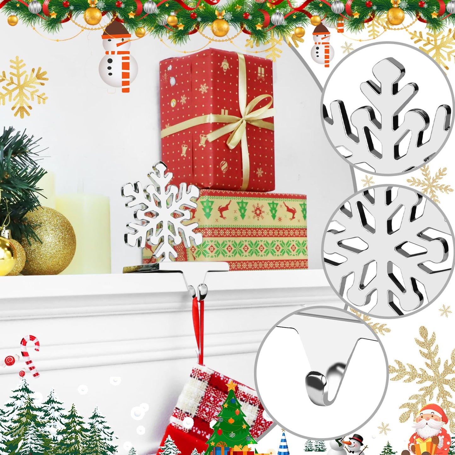 Hxezoc Snowflake Christmas Stocking Holders Silver Metal Mantel Stocking Hangers for Christmas Fireplace Mantel Decorations Christmas Holiday Supplies (Small)