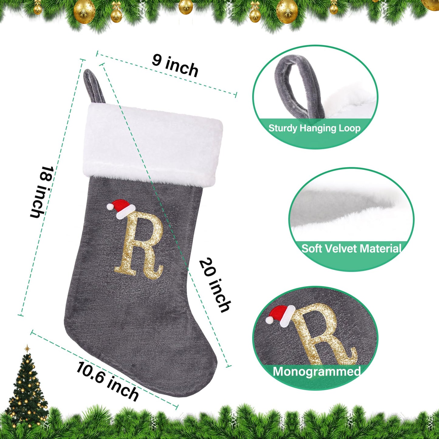 Sailup 20 Inches Monogram Christmas Stockings with Letters, Large Super Soft Christmas Stockings Grey Velvet with White Super Soft Plush Cuff for Christmas Xmas Tree Holiday Fireplace Grey