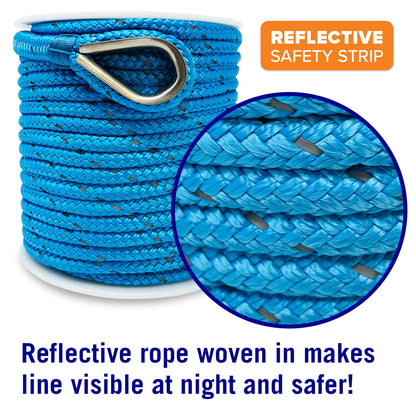 Better Boat Premium Anchor Rope, 100 Ft Double Braided White Nylon Marine Line, Reflective 3/8 Inch Reel for Anchors and Boats - Blue