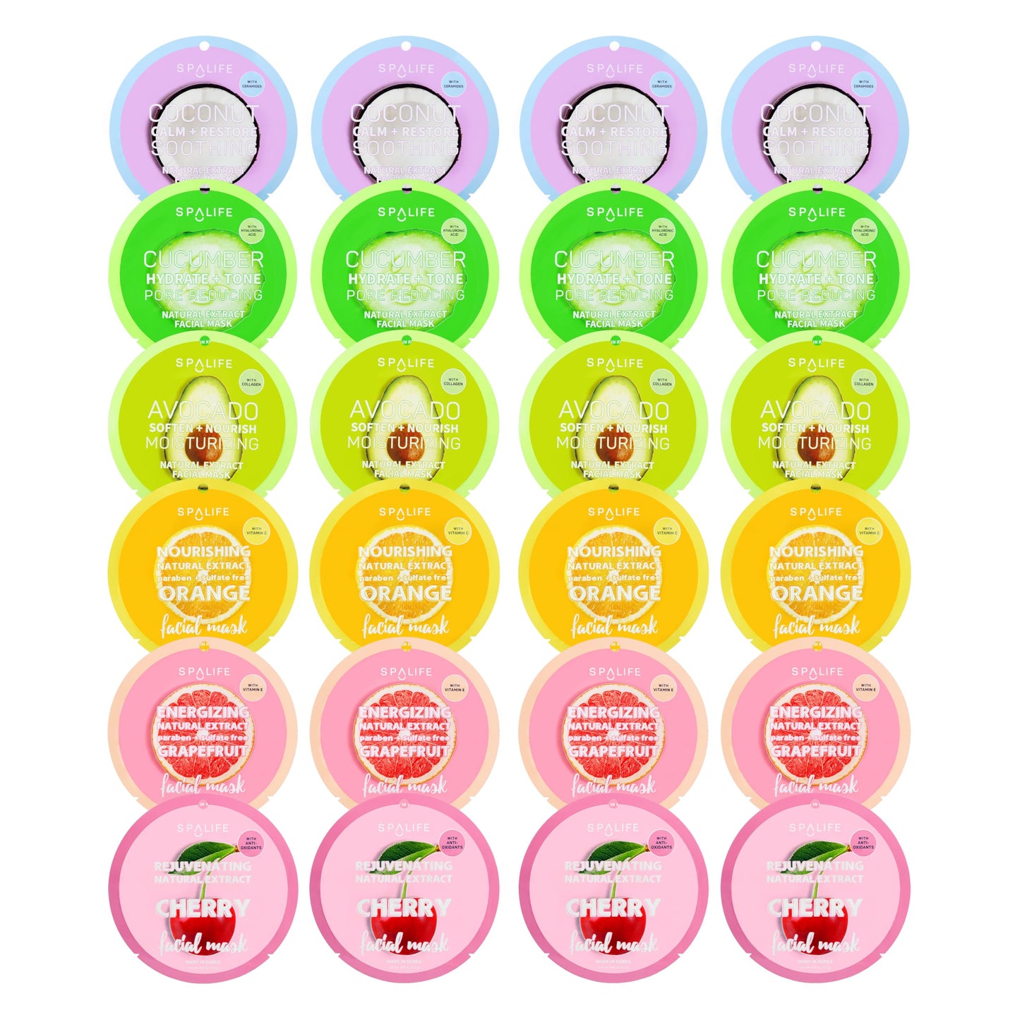 SpaLife Beauty Fruit Facial Sheet Masks 24 Pack – Face Masks Skincare Set – Hydrating Face Masks – 6 Natural Fruit Extract Formulas – Orange, Grapefruit, Coconut, Cherry, Avocado, Cucumber