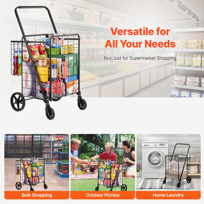VEVOR Shopping Cart, 110 lbs Large Load Capacity, Folding Grocery Shopping Cart with 360° Swivel Wheels, Double Baskets, Locking Latch, Heavy Duty, Easy Installation, for Laundry, Luggage Camping