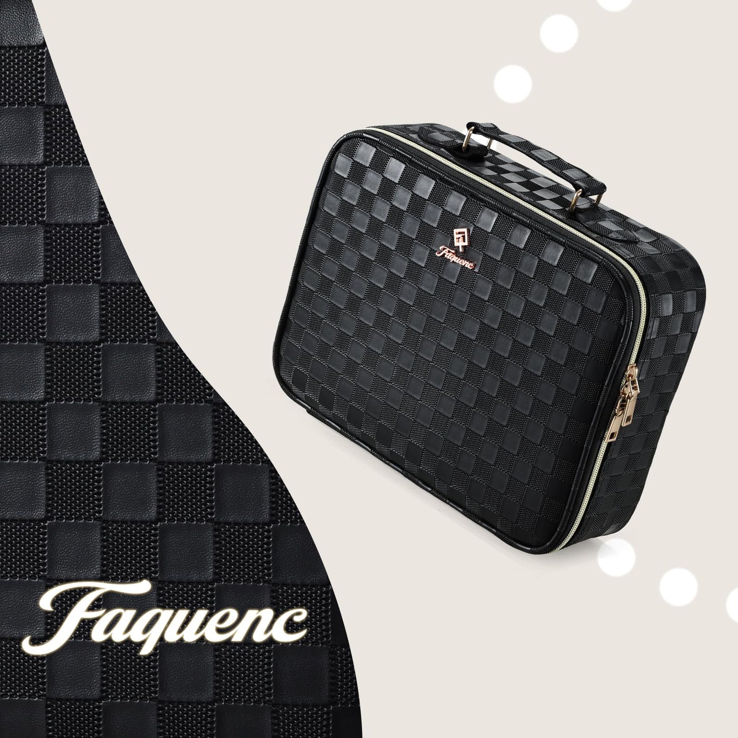 Faquenc Makeup Bag with LED Lighted Mirror 12.2 IN Travel Makeup Bag Adjustable Brightness in 3 Colors Cosmetic Organizer Artist Storage Bag with Dividers Brush Holder Bag Vanity Black Checkerboard