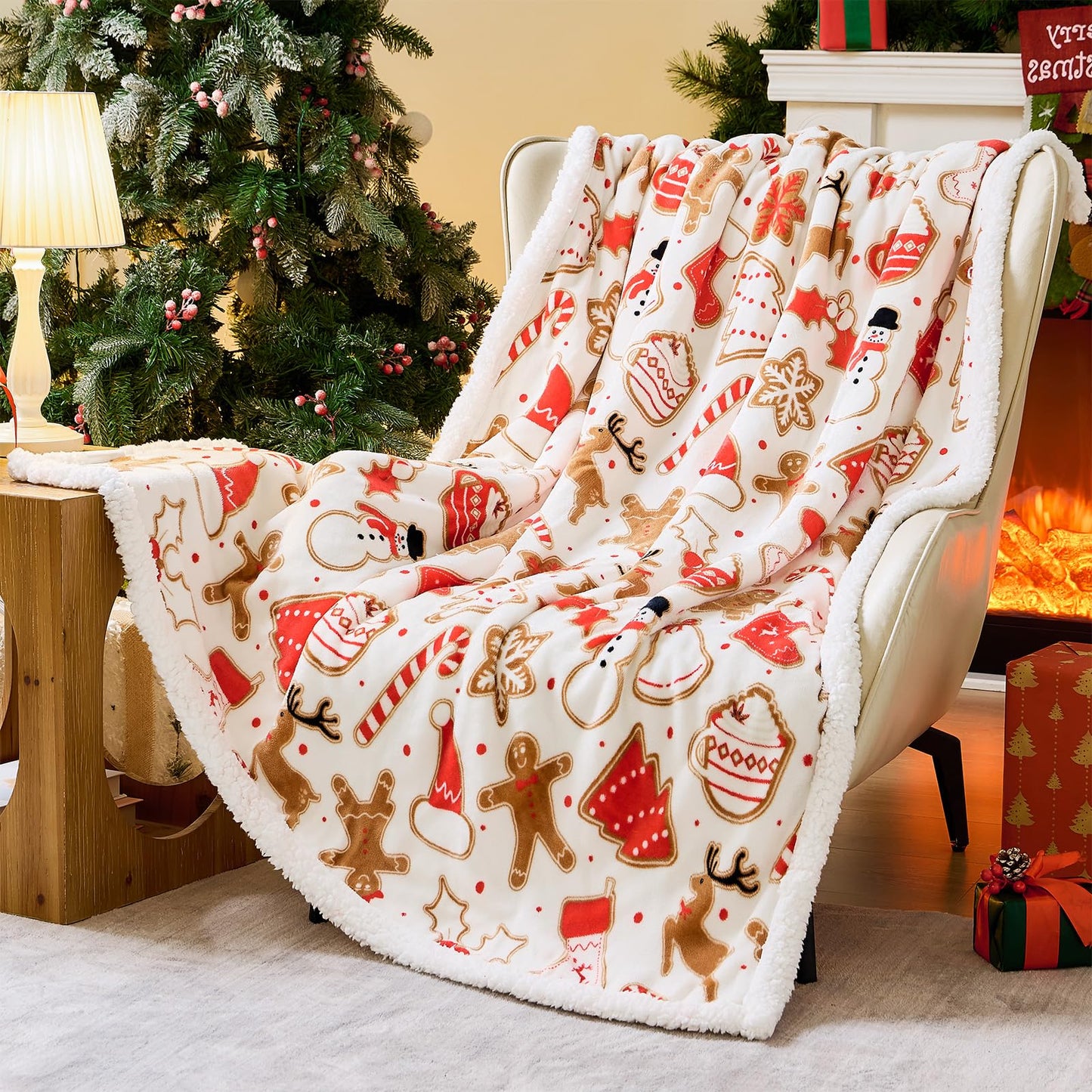 NORD ECO Christmas Throw Blanket, Christmas Decorations Gifts for Women, Sherpa Flannel Fleece Winter Holiday Blanket, Fluffy Cozy Soft Christams Throws for Couch Sofa Bed, Gingerbread, 50" X 60"