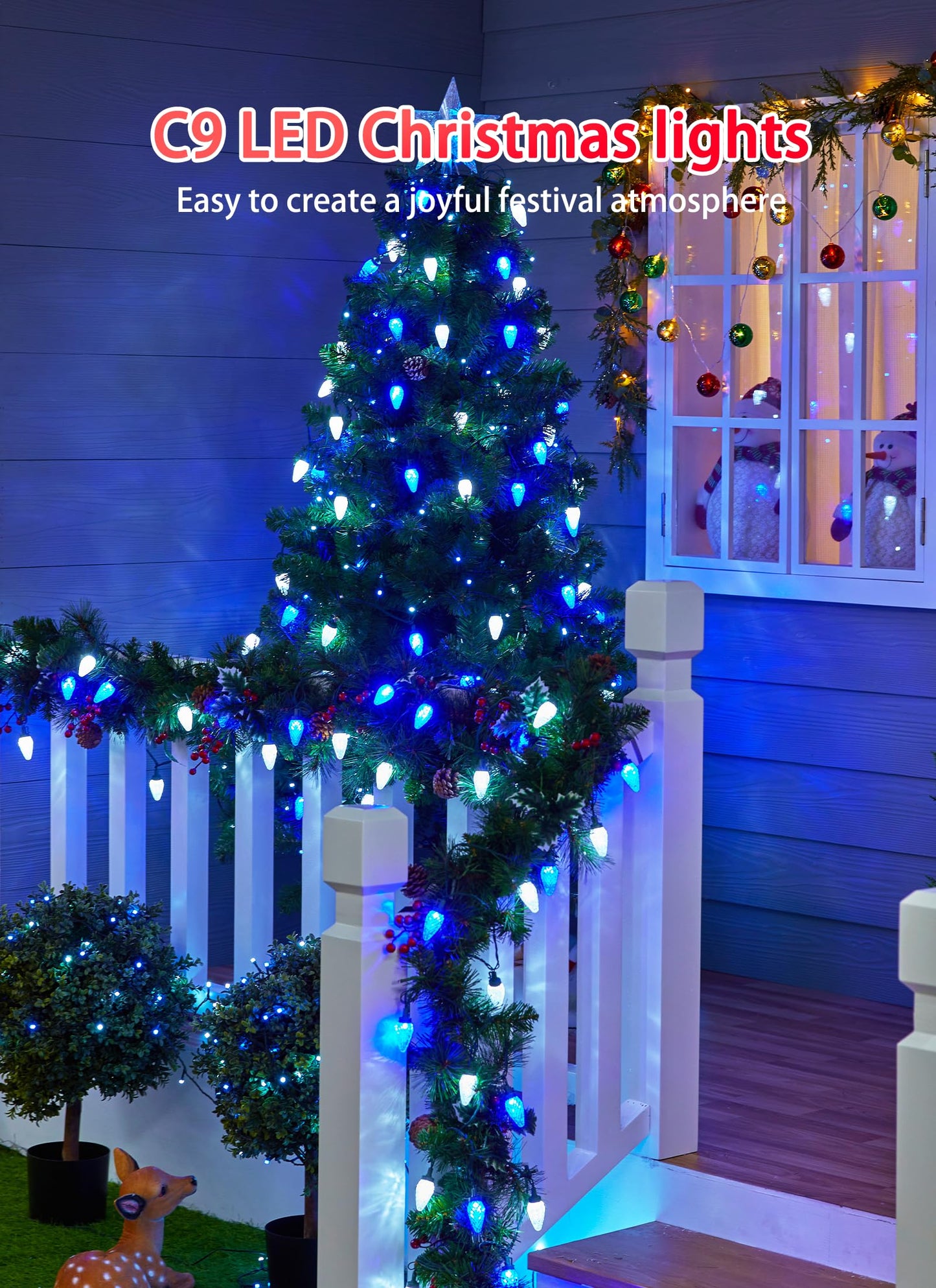 C9 LED Christmas Lights Outdoor, 68 Ft 100 LED String with clips, Waterproof Christmas Tree Lights for Outside Roofline, Garden Decor, Blue & White