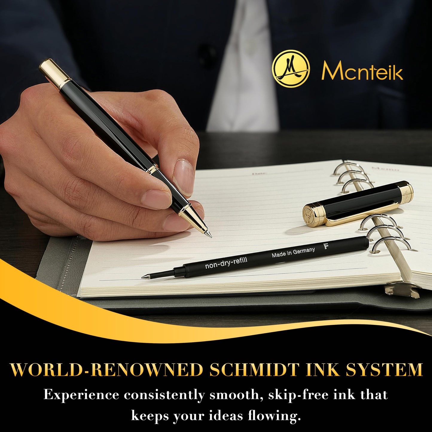 MCNTEIK Black Lacquer Rollerball Pen - Stunning Luxury Pen, 24K Gold Plating, Schmidt Refill, Precision Flow Ink, Best Roller Ball Gift Set for Men & Women, Professional, Executive Fancy, Nice Pens