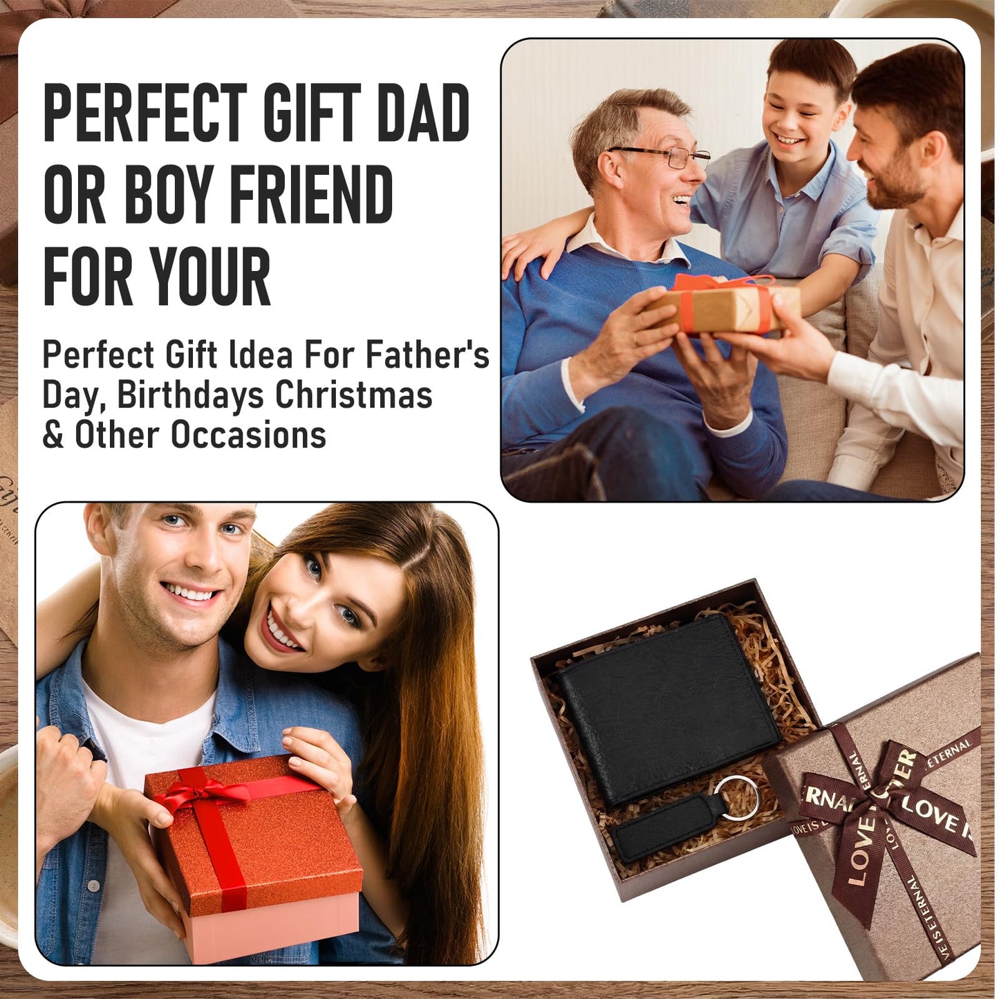 Frienda 12 Sets Fathers Day Black Leather Photo Wallet and Keychains for Men PU Leather Bifold Wallets with Pockets Gifts Church Bulk for Husband Son Dad
