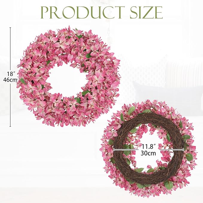 Briful Spring Wreaths for Front Door 18in Artificial Bougainvillea Flower Wreath Silk Floral Hanging Wreath Outdoor Wreaths for Home Wall Mantle Party Wedding Porch Décor