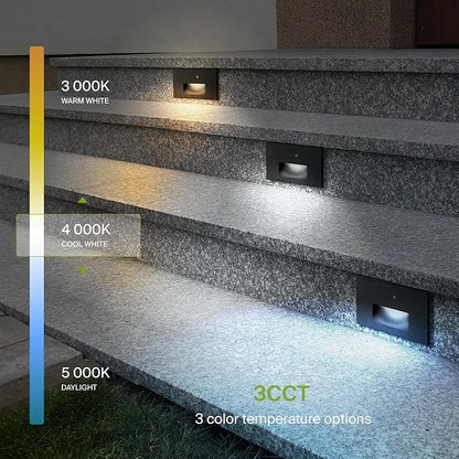 ASD LED Recessed Step Light Fixture, Dusk to Dawn Outdoor Stair Tread Lighting | 3CCT, Photocell, Waterproof, ETL Listed | 3W 120LM 3000K-5000K 120V | Staircase Hardwired Illumination | Black
