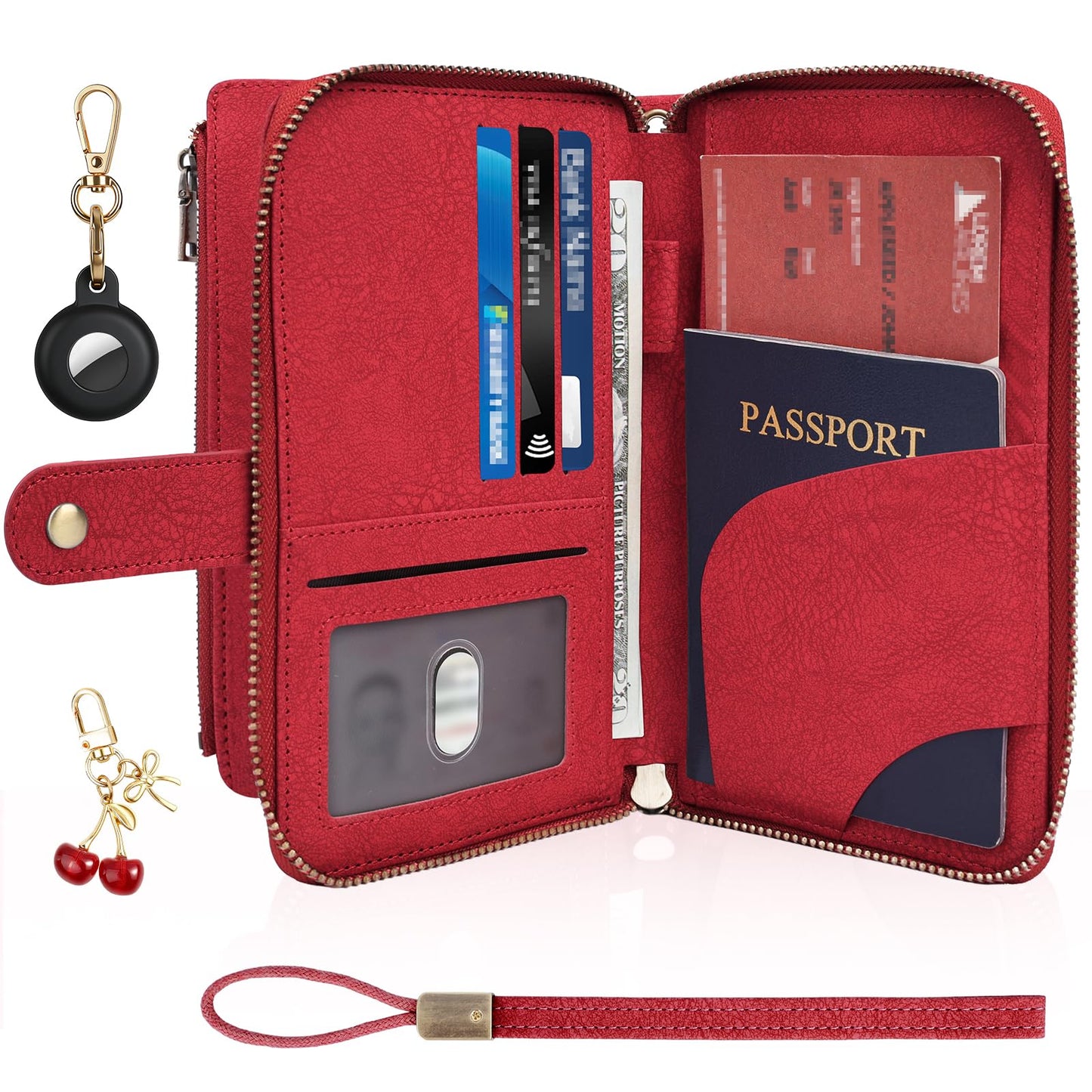 Playexen RFID Blocking Passport Wallet, Anti Theft PU Texture Passport Pouch with Tracker Case, Travel Document Organizer Zipper Wallet with Wrist Strap & Keychain, Gifts for Women and Men (Red)