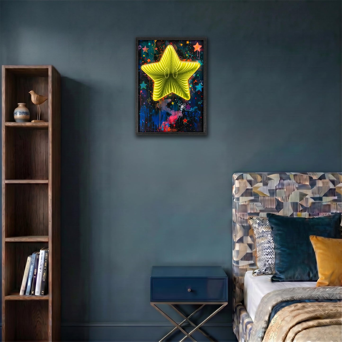 Framed Graffiti Star Wall Decor with Infinity Mirror Light, 3D LED Dimmable Retro Setup Gaming Wall Decor, Poster Artwork Theme Wall Art, for Bedroom Living Room Office Game Room Decor 12x16 Inch