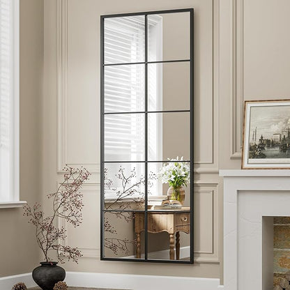 Full Length Mirror, 65"x24" Window Pane Mirror for Wall Decor, Black Full Body or Wall Mounted Mirrors, Farmhouse Standing Mirrors Hanging or Leaning for Living Room, Entryway, No Stand