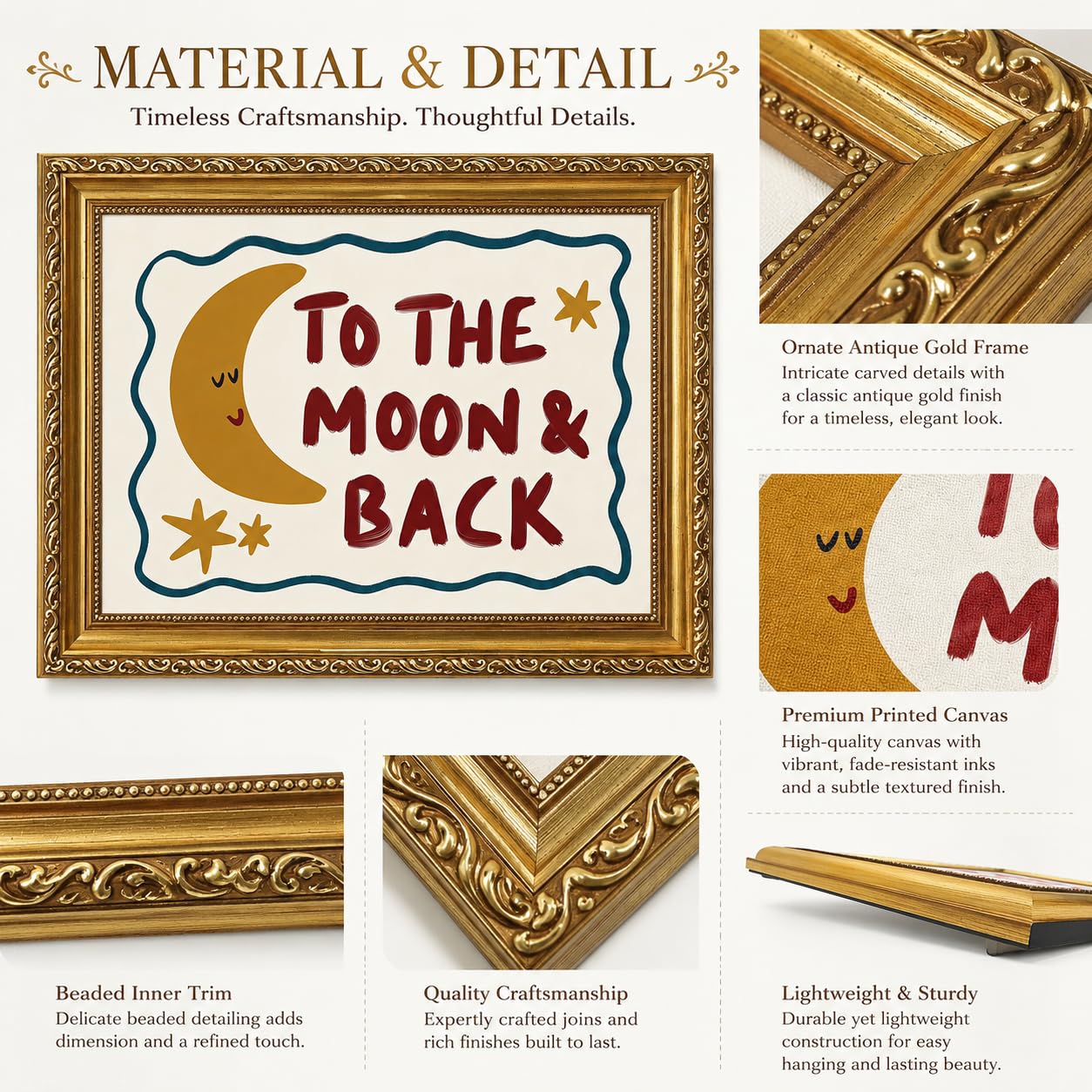FKRYTYB Moon & Star Wall Art Ornate Gold Framed Nursery Decor 16x12in
