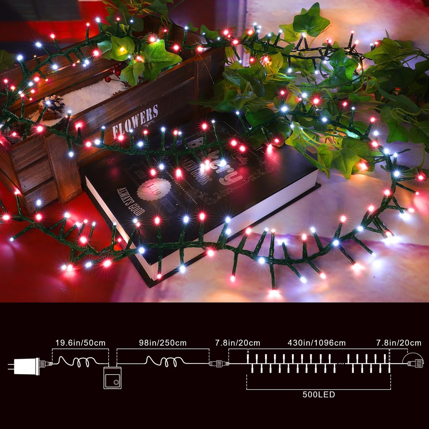 LAMPHOME 500 LED String Lights Outdoor, 16 Modes Plug in Twinkle Fairy Lights for Bedroom, 46ft 500LED Christmas Lights Cluster Lights Outdoor Waterproof Red&White Bulb