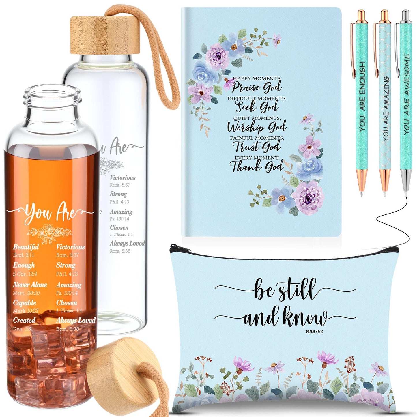 Resholder 6 Pcs Christian Gifts Set for Women Glass Bottle, Makeup Bag, Ballpoint Pens, Religious Scripture Notebook Inspirational Gifts for Sunday School Church(Blue)