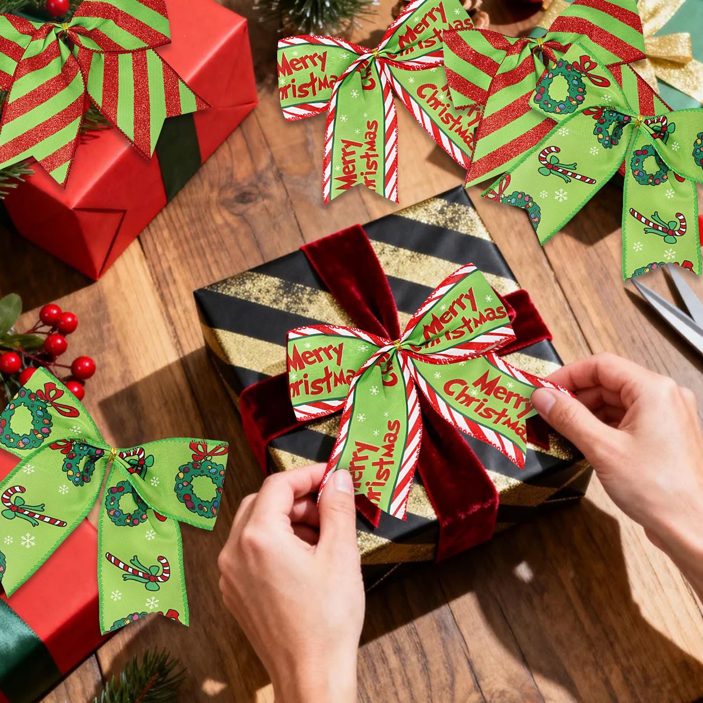 WinPion 12 Pcs Christmas Bows,6 Inch Large Red Green Christmas Wreaths Bows for Tree Gift Wrapping Garland,Holiday Decorations Party Crafts Tree Ribbon Ornaments
