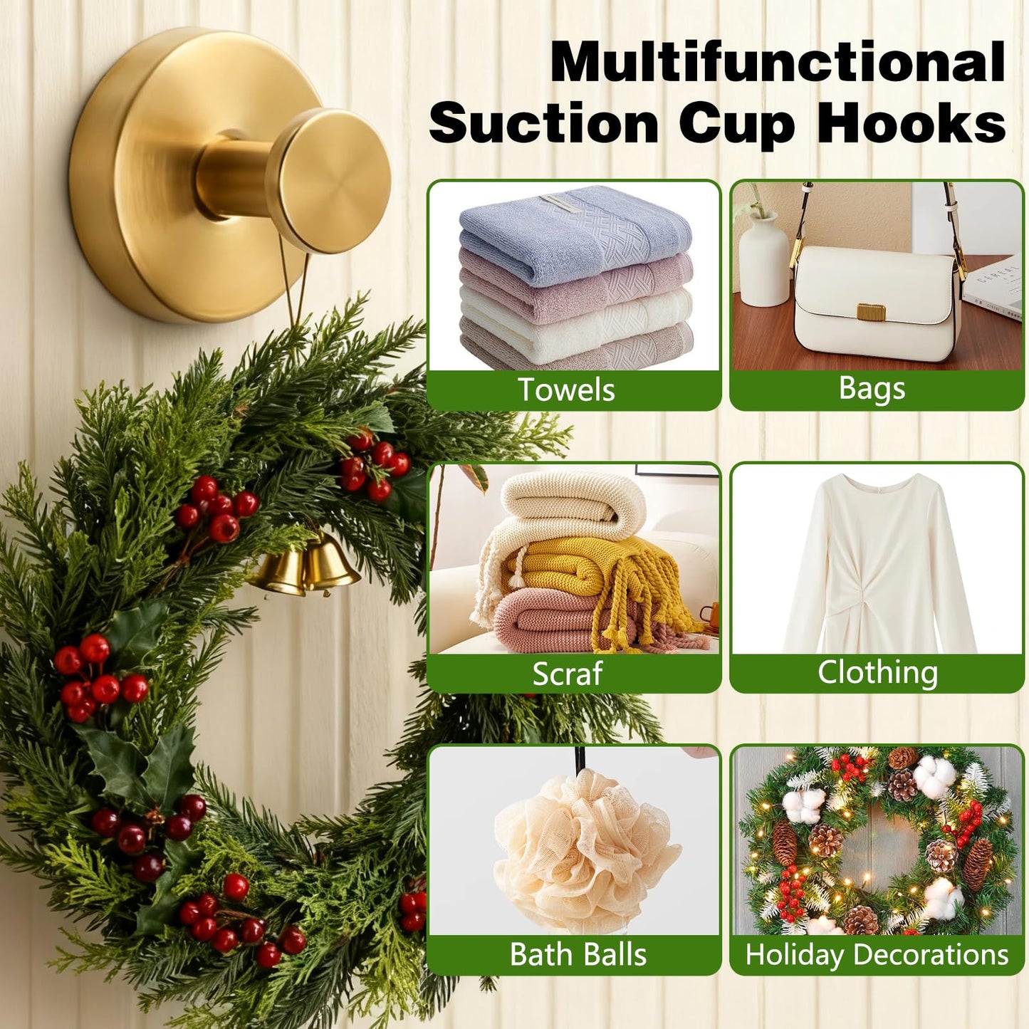 Suction Cup Hooks for Wreaths on Glass, No-Drill Suction Cup Hooks, Wreath Hangers for Front Doors, Reusable Metal Towel Hooks for Showers Bathrooms Mirrors (Gold*4)