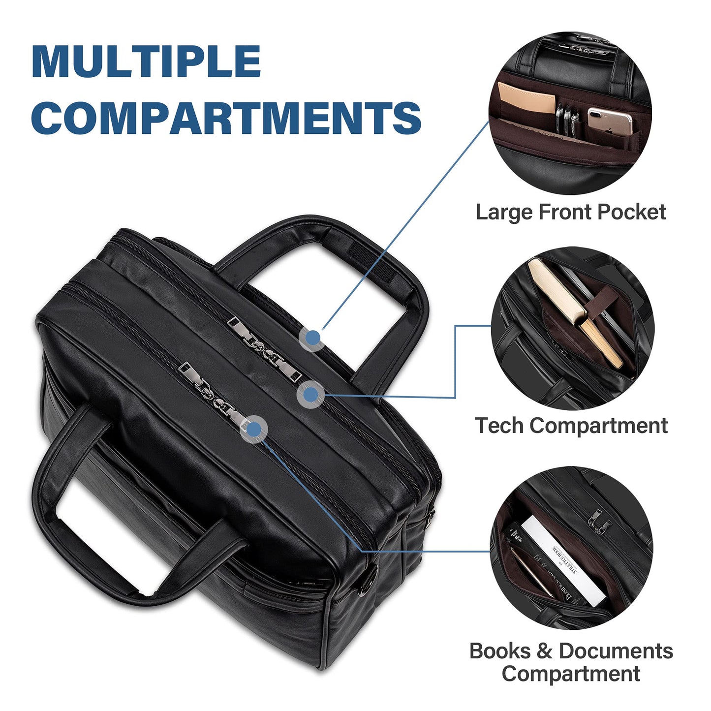 Leather Laptop Bag,Men's 17.3 Inches Messenger Briefcase Business Computer Satchel Handbag Shoulder Bag Fits 17.3 Inch Laptop Case Computer Tablet Black