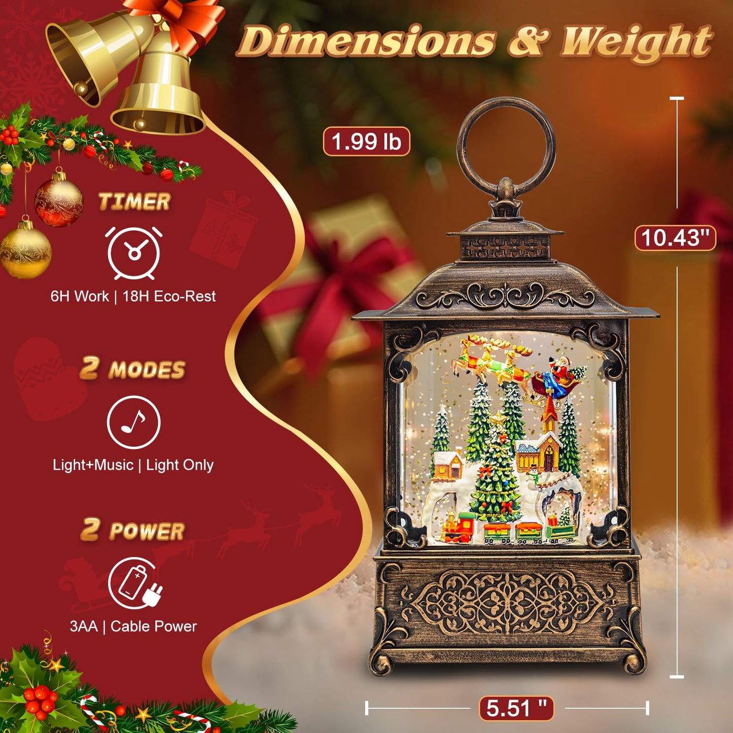 Snow Globe, Santa Snow Globe Christmas Tree, Lighted Musical Decorations Lantern,Village Houses, Train Battery, Reindeer, USB or Battery Operated，Gifts for Men and Kids.
