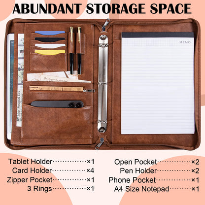 Calfinder 3 Ring Portfolio Binder with Zipper,Leather Portfolio for Men,Padfolio for Women,Professional Business Portfolio Organizer for Resume/Interview, A4 Letter Document Organizer