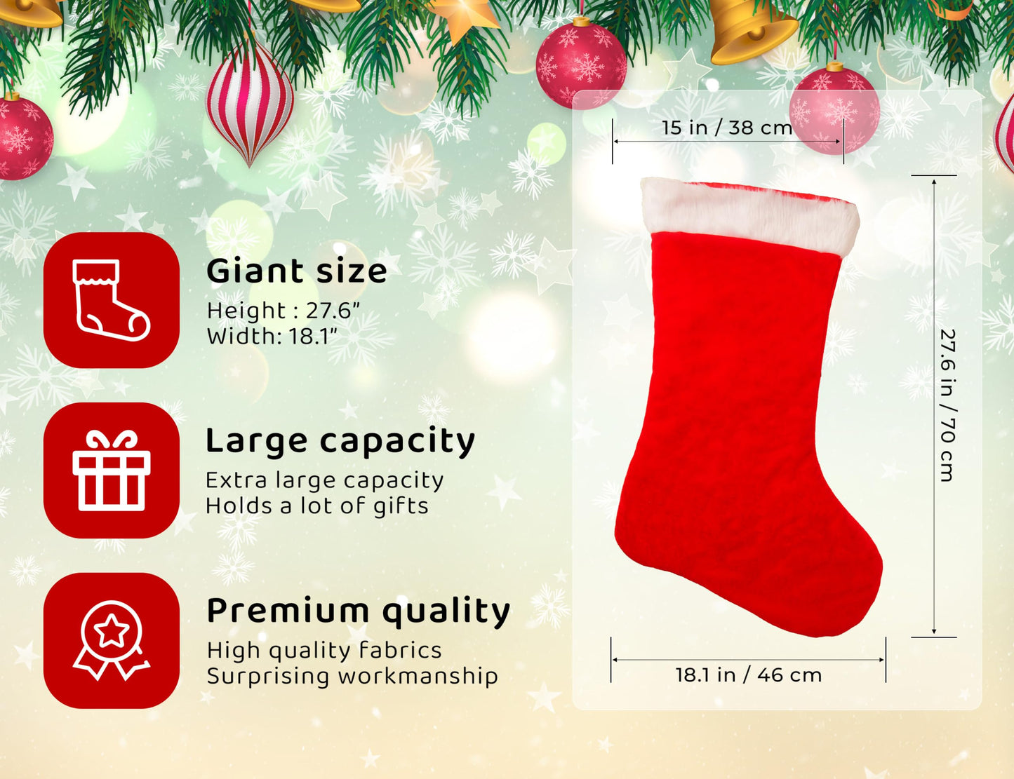 MSYO Giant Christmas Stocking - Super Soft Velvet Buffalo Plaid with Plush Cuff, Extra Large Xmas Stocking for Fireplace, Stairs, Mantel - Festive Holiday Home Decor for Christmas Tree(Red)