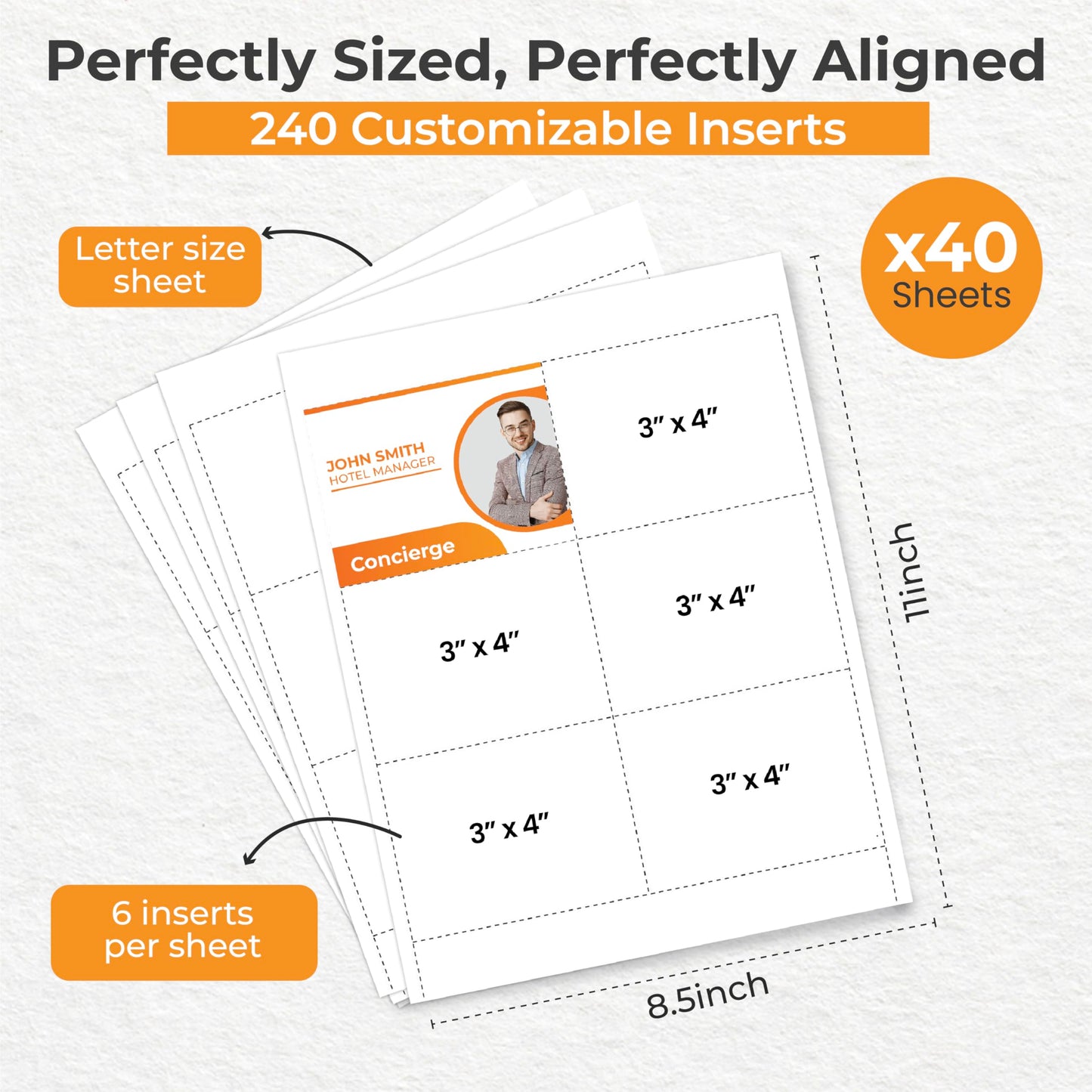 240 Customizable Name Badge Inserts 4x3 inch | White Printable Name Tag Inserts 3x4 inch | Compatible with Inkjet and Laser Printers with Easy Tear Paper