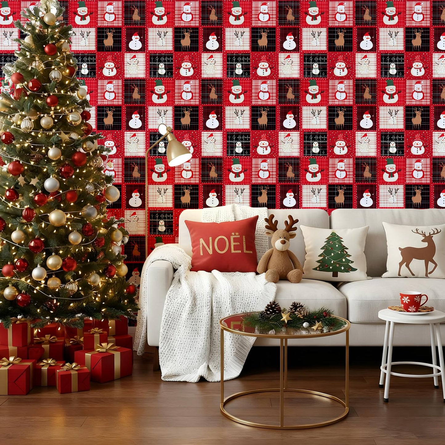 Peel and Stick Christmas Wallpaper Festive Snowman & Reindeer Holiday Contact Paper Removable Self Adhesive Vinyl Christmas Decor Wall Paper for Countertop Cabinets Drawers Furniture 17" x 196.8"