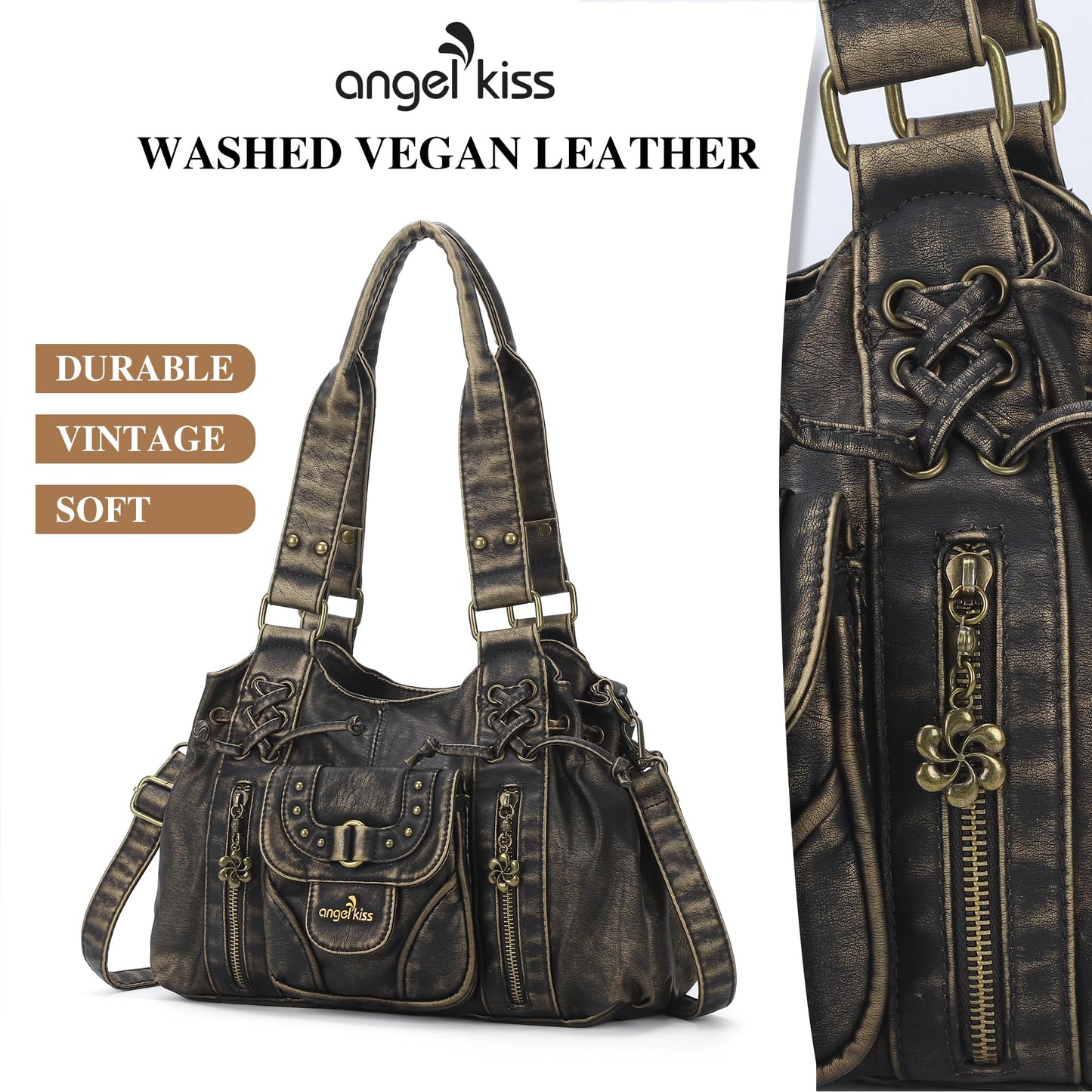 Angel Kiss Small hobo Bags for Women Retro Washed Leather Shoulder Handbag Roomy Top Handles Purses With Removable Strap