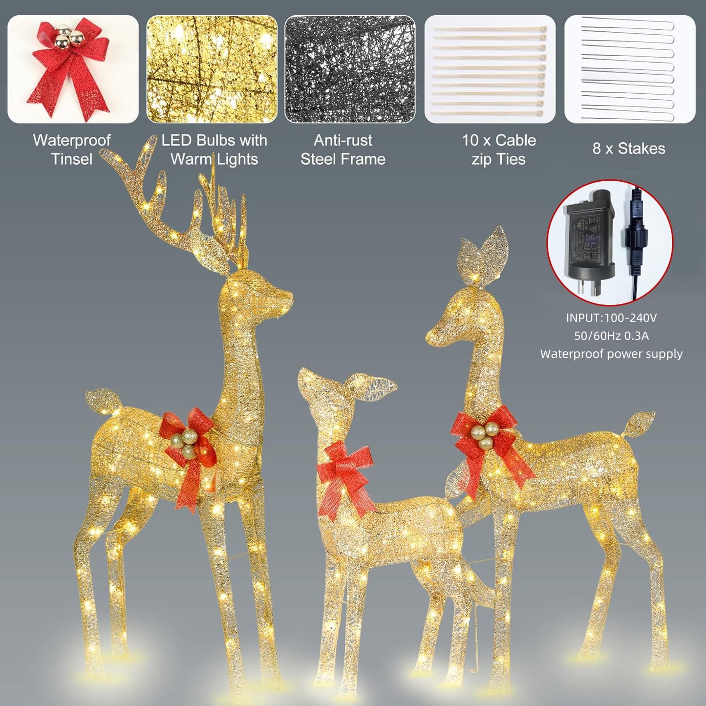 Lighted Christmas Decoration Deer 3 Piece, HOYECHI Light up Christmas Decor Reindeer Family Set for Indoor Outdoor Front Yard Porch with 210 LED Lights, Plug, Ground Stakes - Gold