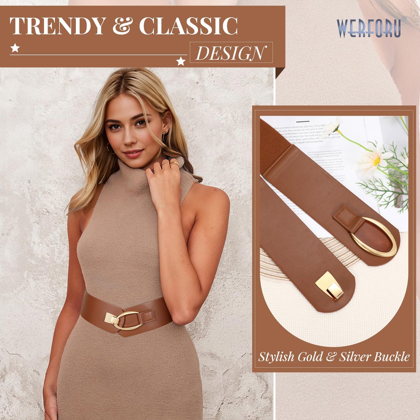 WERFORU Women Wide Elastic Belt Women Fashion Wide Belt with Gold Buckle Ladie Thick Waistbelt for Dresses