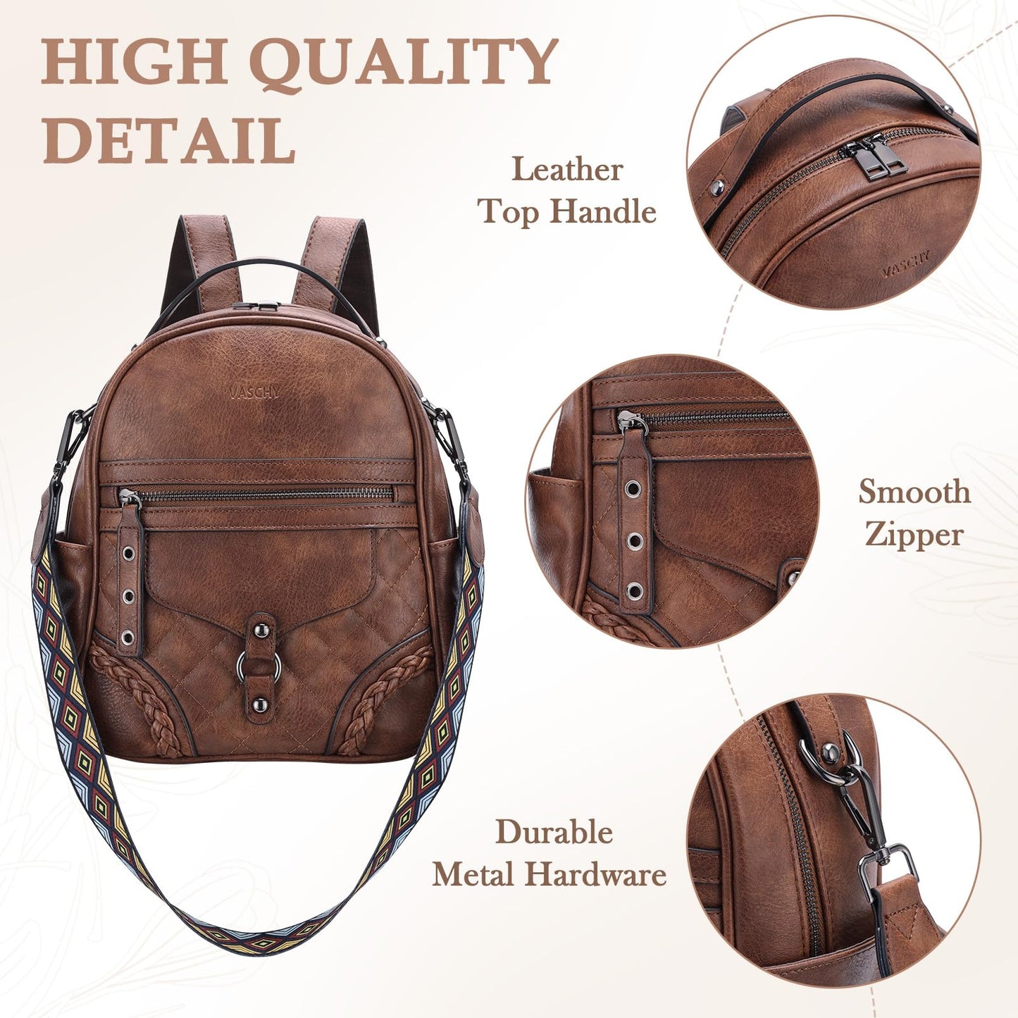 VASCHY Small Backpack Purse for Women, Cute Vegen Leather Mini Backpack for Lady with Guitar Shoulder Bag Handbag Strap Brown
