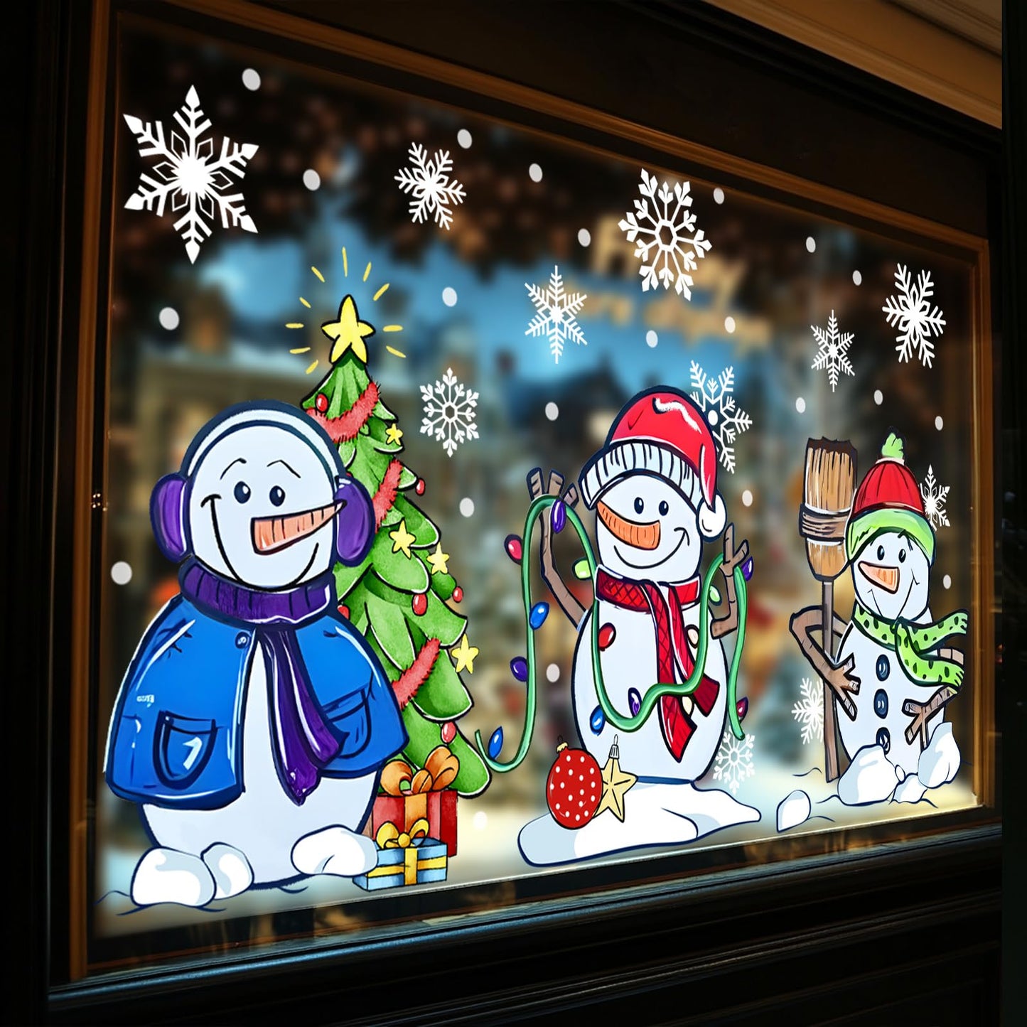 JarThenaAMCS 13.8 * 35.4'' Extra Large Christmas Window Clings 4 Sheets Cartoon Snowman Snowflake Window Stickers Double-Sided Glass Decals for Winter Xmas Home Classroom Office Party Decoration