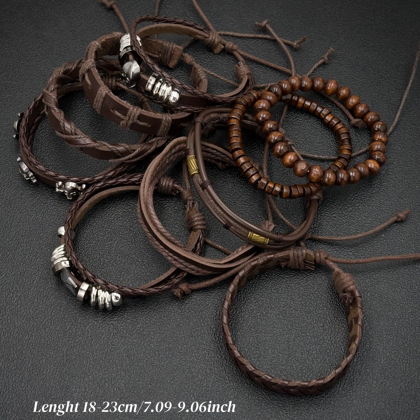 Aijewelop 10pcs/set Men's Brown Multi-layer Punk Style Bracelet Beaded Skull Head Hip-hop Bracelet Set Pu Leather Cuff Jewelry Gift