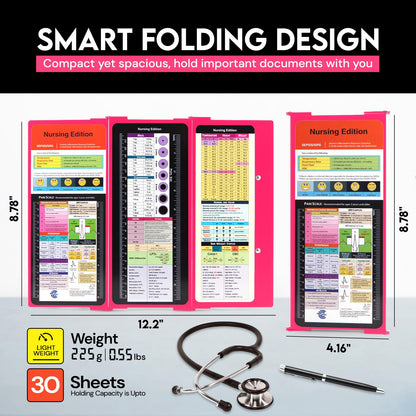 Nursing Clipboard Foldable with Medical Edition Cheat Sheets, 3 Layers Aluminum Foldable Clipboard for Nursing, Notepad for Students, Nursing School Essentials (Pink)