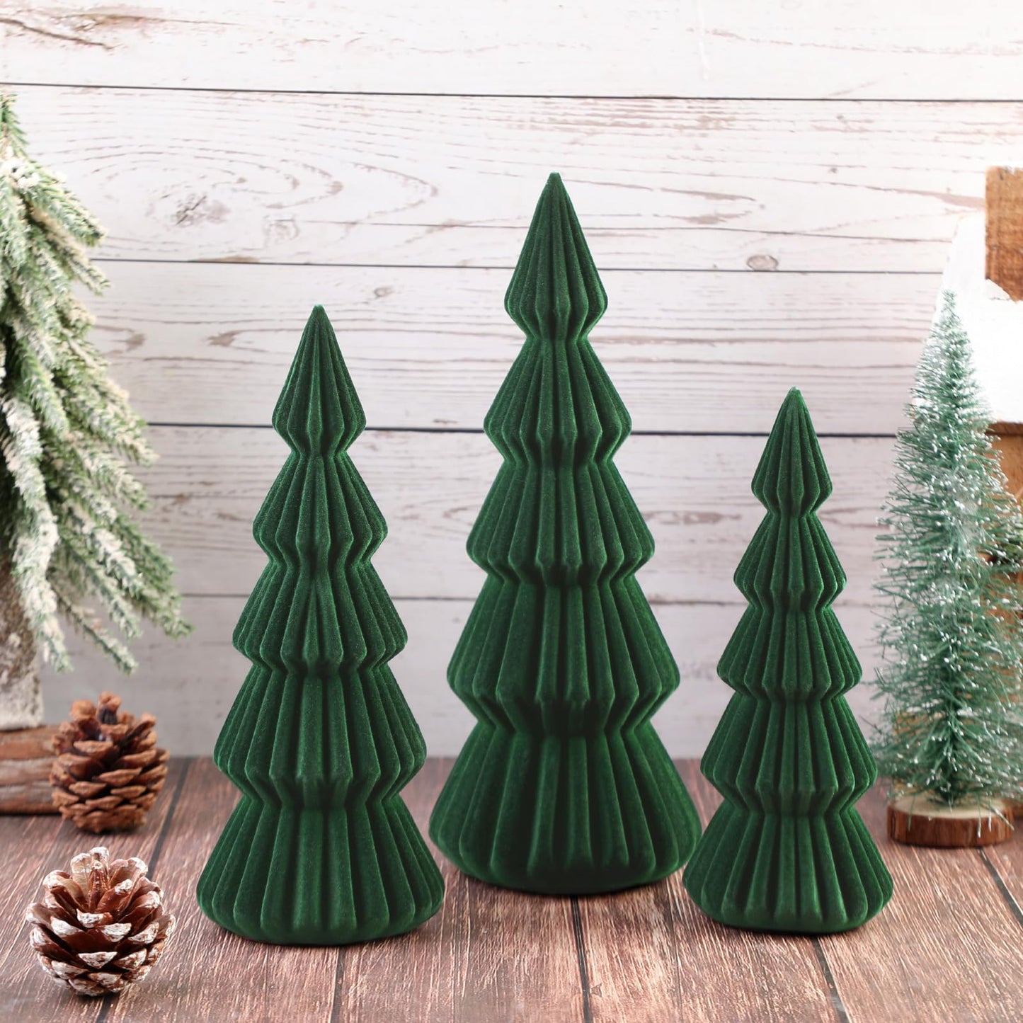 Relaxgiant Set of 3 Velvet Ceramic Christmas Trees Decoration Large Modern Velvet Cone Christmas Tree Figurine Decor Holiday Xmas Winter Indoor Home Tabletop Mantel Centerpiece(Dark Green)