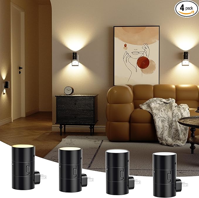 Night Lights Plug Into Wall,Dimmable LED Nightlight with Dusk to Dawn Sensor,0-100LM Adjustable Brightness,3 Color Temperatures,Night Light for Hallway Bathroom Stair Bedroom,Black,4 Pack