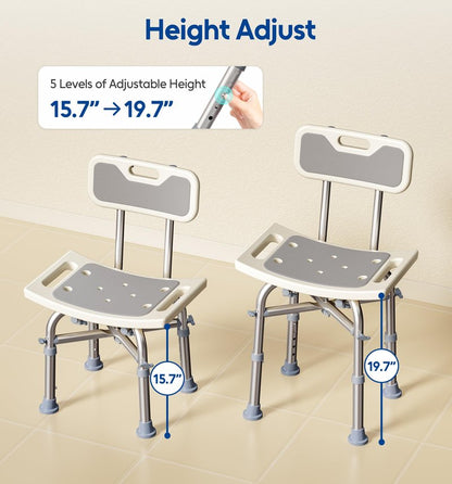 Bluelog Shower Chair with Back for Elderly and Disabled, Shower Seat Bench Stool, Adjustable Height, 350 lbs Capacity, Rectangular