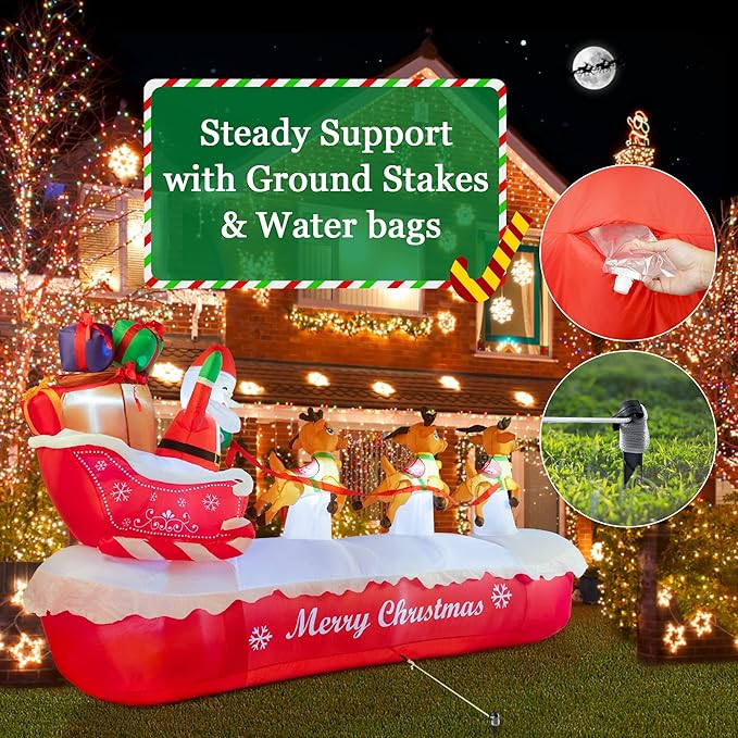 COOLWUFAN 10 FT Christmas Inflatables Outdoor Decorations Santa Claus on The Sleigh with Cute Elks, Blow Up Inflatable Yard Decoration Clearance with Lights for Christmas Party, Outdoor, Garden Lawn