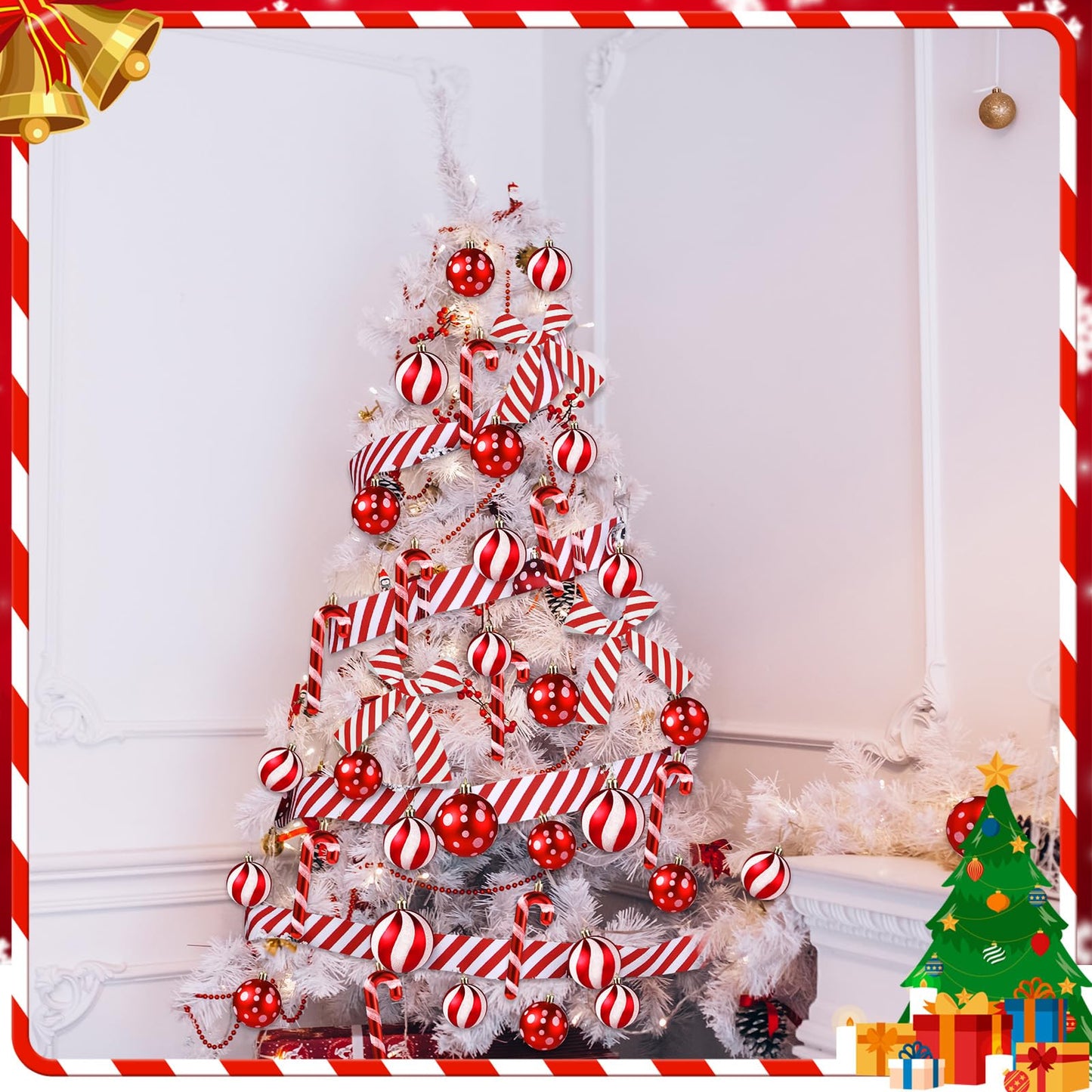 Shappy 38 Pcs Christmas Tree Ornaments Sets, Candy Cane Red White Stripes Xmas Tree Hanging Decorations, Plastic Xmas Ball Variety Shapes with Ribbon New Year Holiday Party Supplies(Cute,47.2'')