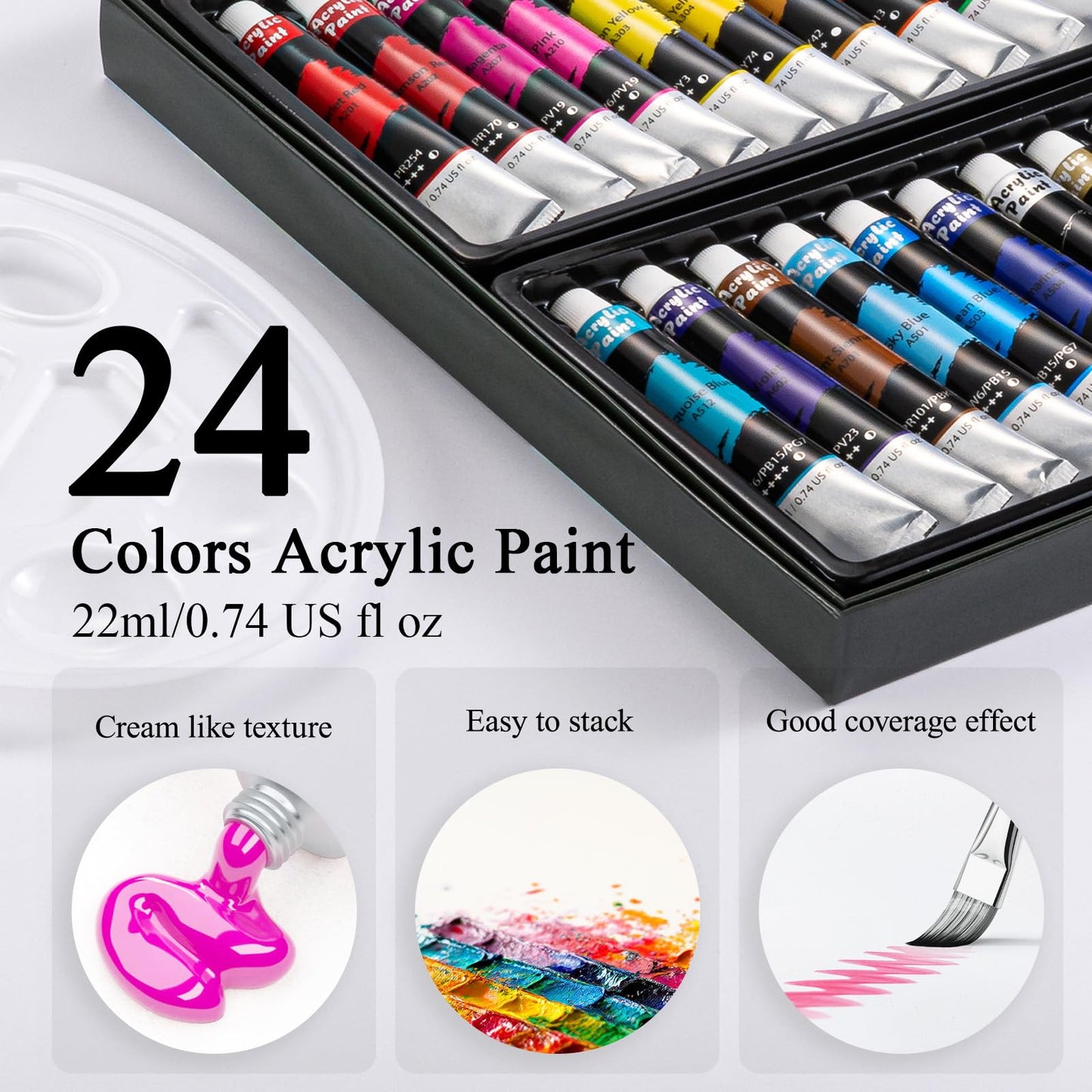 Inburit Acrylic Paint Set, Painting Supplies Kits with 24 Acrylic Paints(22ml), 8 Brushes,1 Wooden Easel,1 Palette etc, Paint Kit for Kids,Adults and Artists
