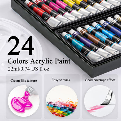 Inburit Acrylic Paint Set, Painting Supplies Kits with 24 Acrylic Paints(22ml), 8 Brushes,1 Wooden Easel,1 Palette etc, Paint Kit for Kids,Adults and Artists