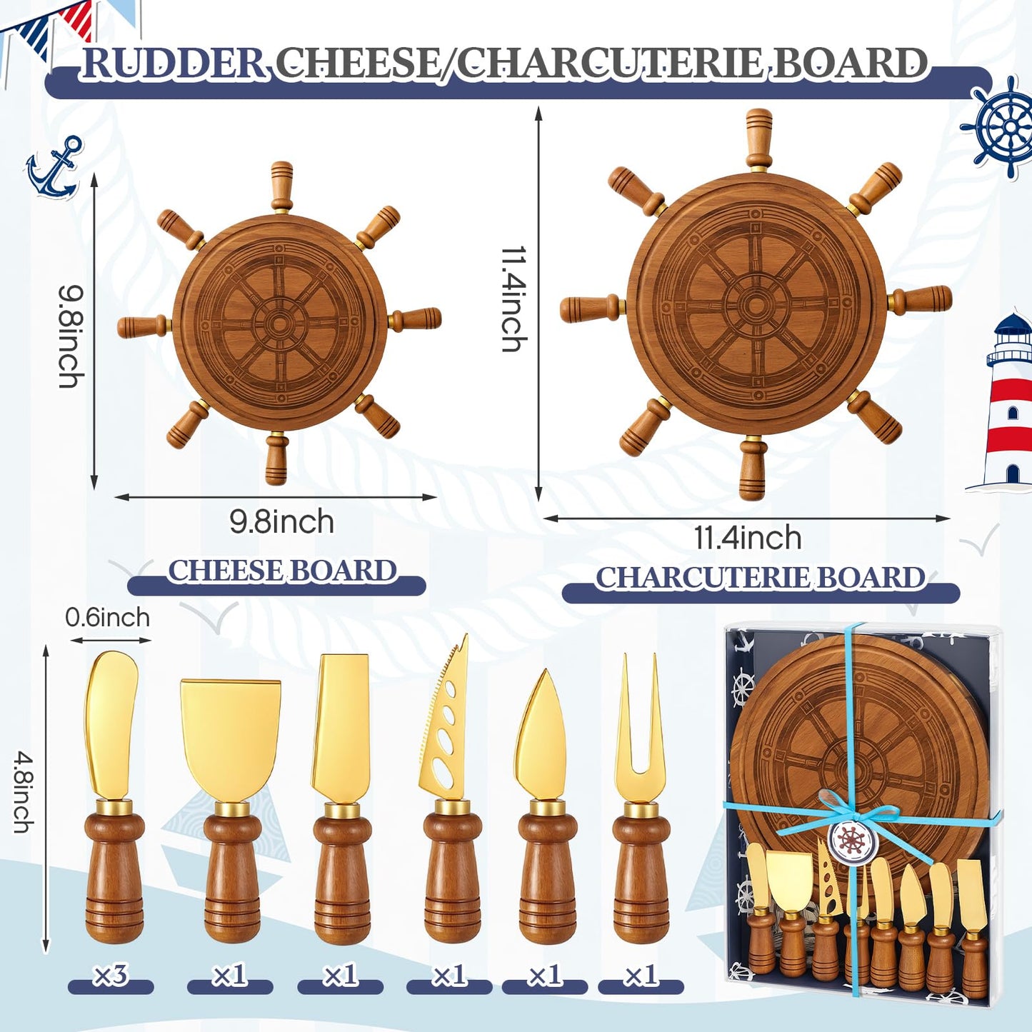 Ziliny Rudder Shaped Charcuterie Board Set Cutting and Cheese Board Wooden Platter with Knives and Forks Serving Trays Gift for Christmas Kitchen Food Fruit(Acacia)